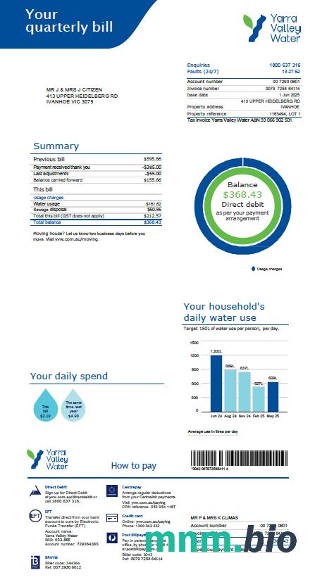 Australia Yarra Valley Water rachunek za media szablon w formacie Word i PDF